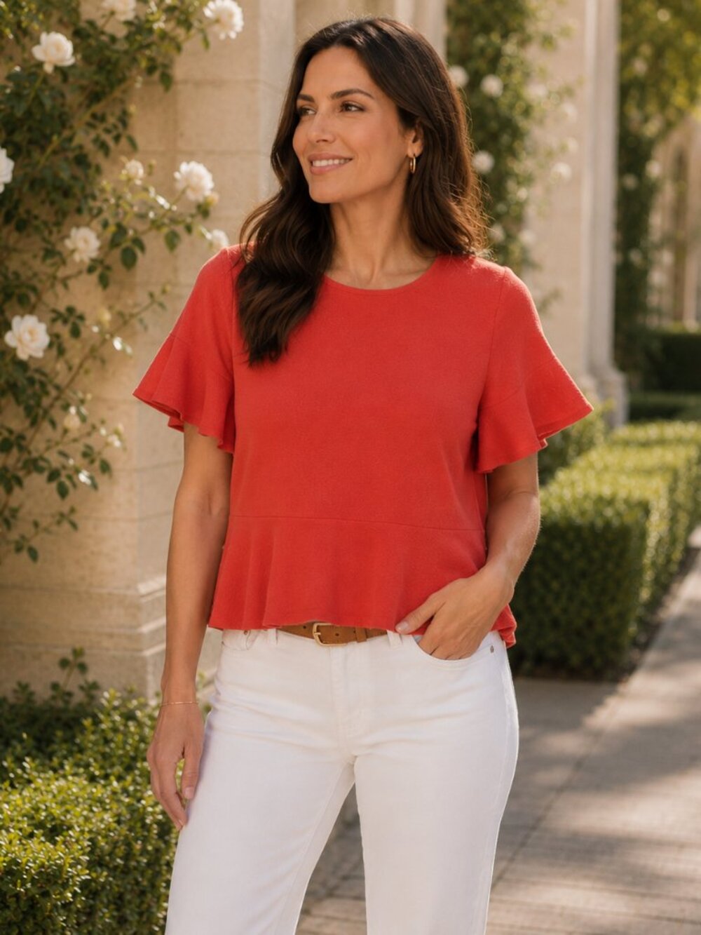 Madewell Poppy Red Peplum Top | Flutter Sleeve Textured Knit | XXS